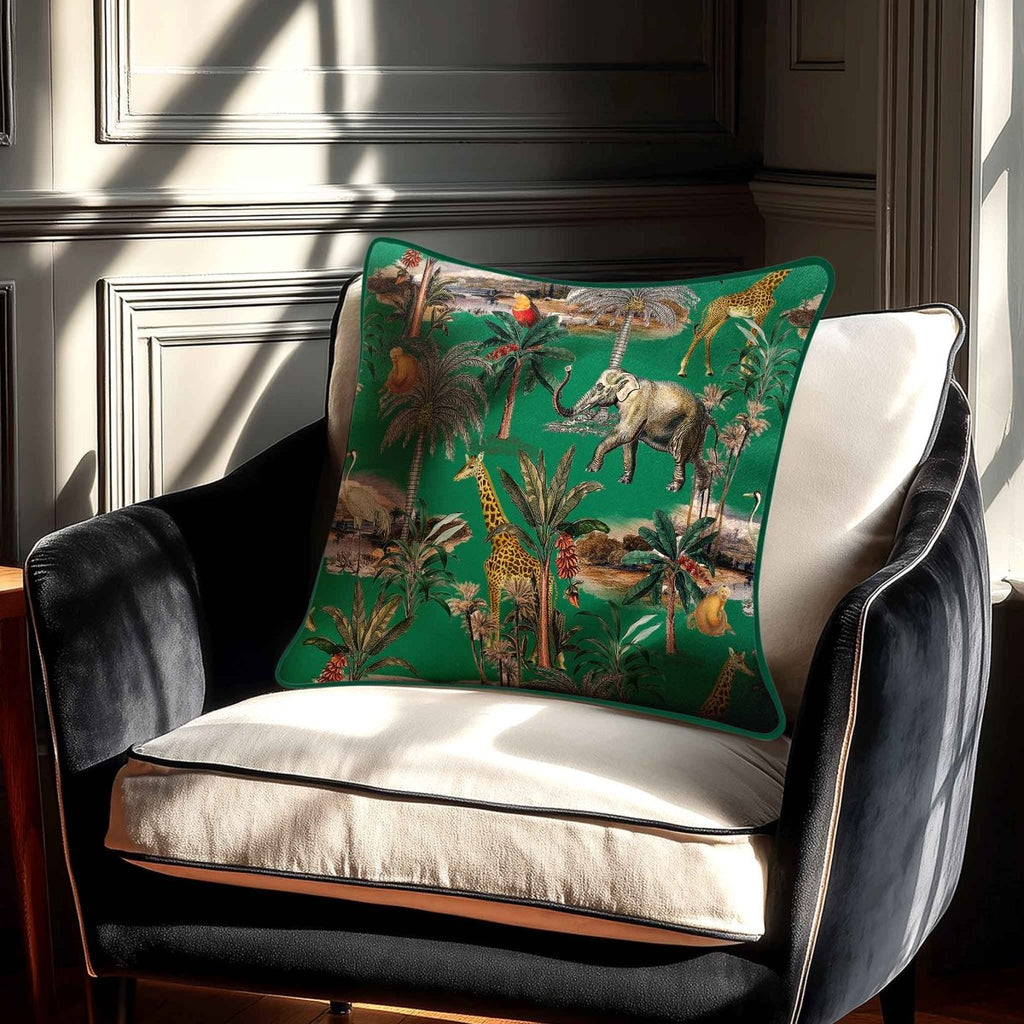 Safari Voyage | Sustainable Velvet Cushion - Emerald Green 40 x 40 cm Piped by Izabela Peters