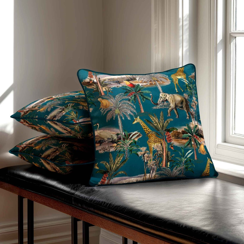 Safari Voyage | Sustainable Velvet Cushion - Teal 40 x 40 cm Piped by Izabela Peters