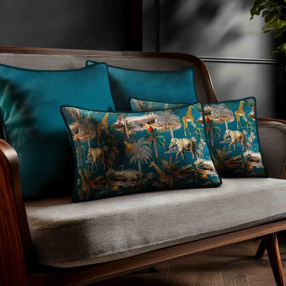 Safari Voyage | Sustainable Velvet Rectangle Cushion - Teal 50 x 30 cm Piped by Izabela Peters