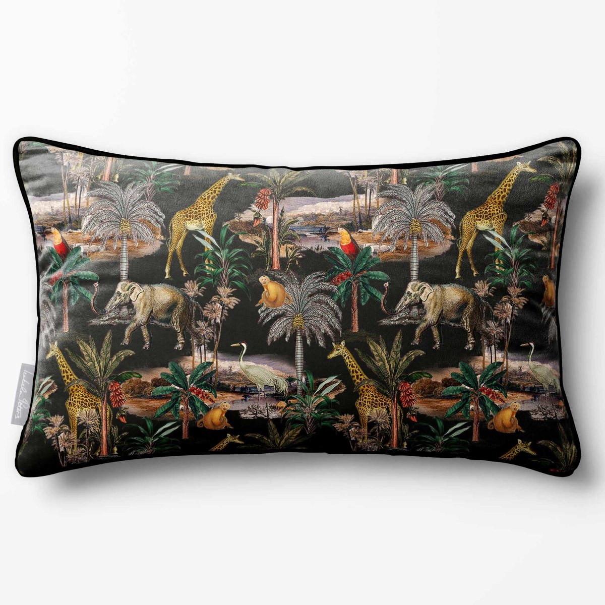 Safari Voyage | Sustainable Velvet Rectangle Cushion - Charcoal 50 x 30 cm Piped by Izabela Peters