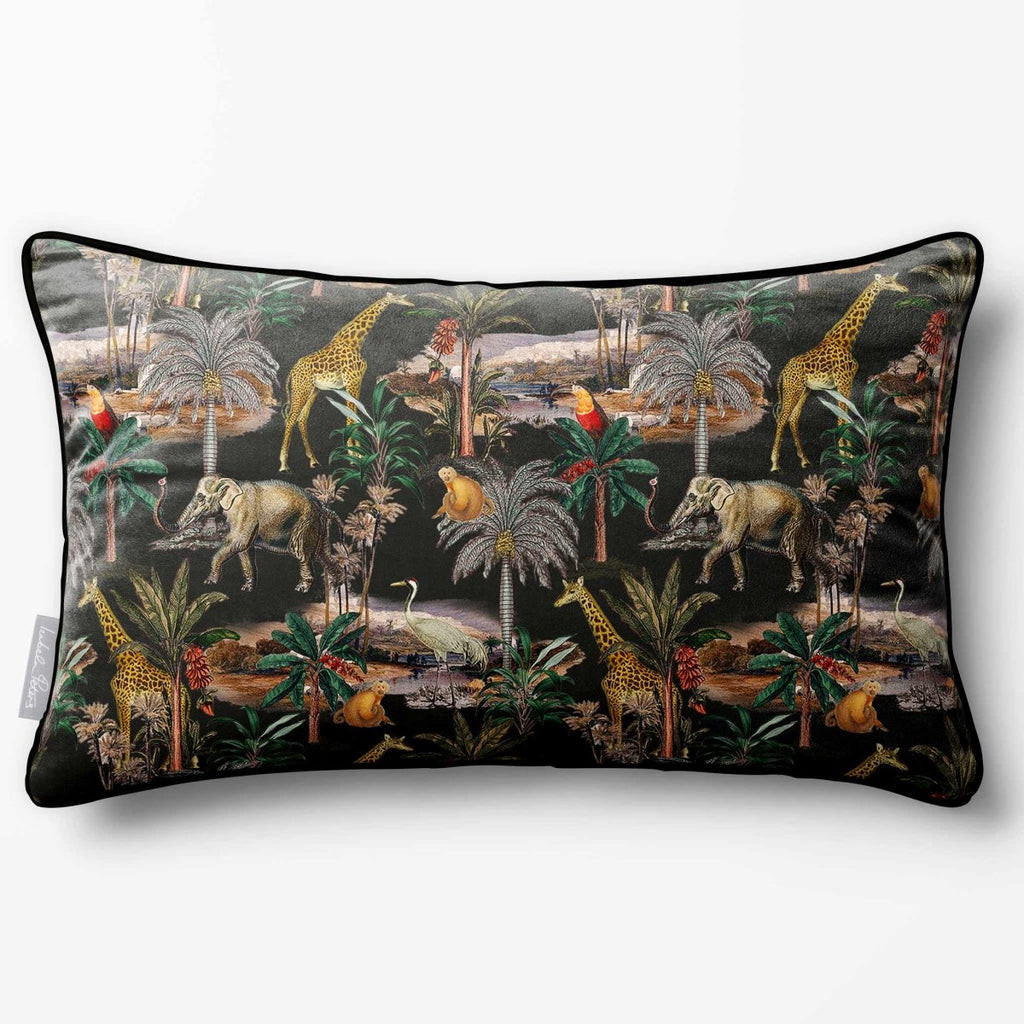 Safari Voyage | Sustainable Velvet Rectangle Cushion - Charcoal 50 x 30 cm Piped by Izabela Peters