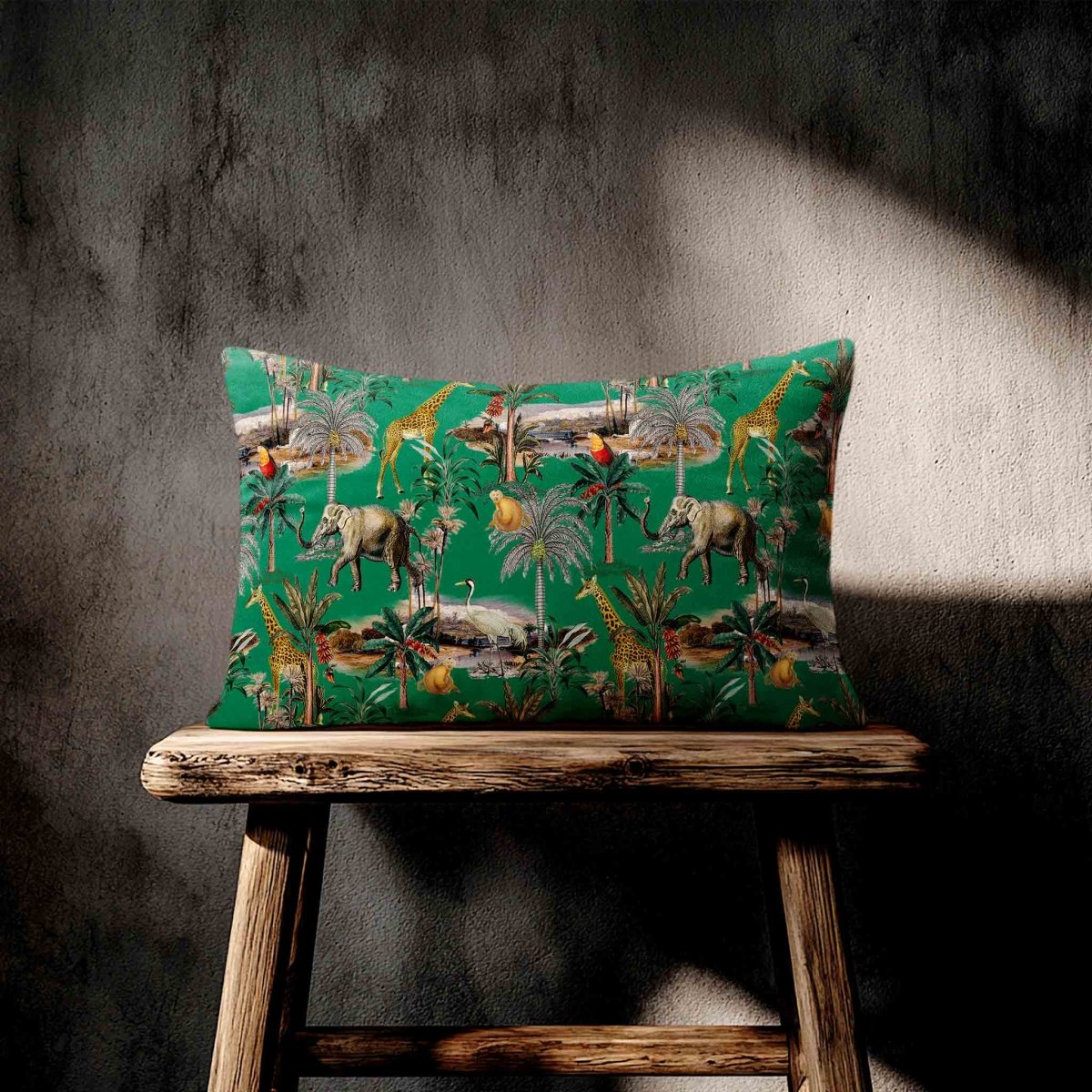 Safari Voyage | Sustainable Velvet Rectangle Cushion - Emerald Green 50 x 30 cm Standard by Izabela Peters