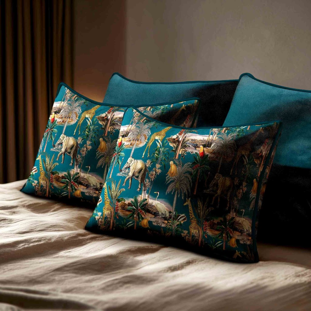 Safari Voyage | Sustainable Velvet Rectangle Cushion - Teal 50 x 30 cm Standard by Izabela Peters