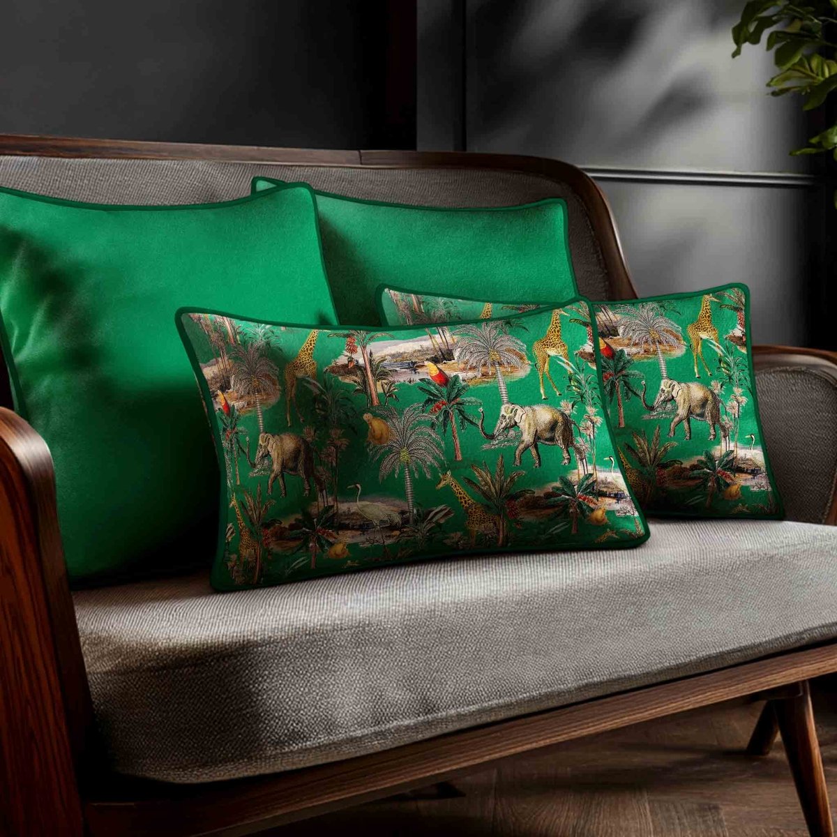 Safari Voyage | Sustainable Velvet Rectangle Cushion - Emerald Green 50 x 30 cm Standard by Izabela Peters