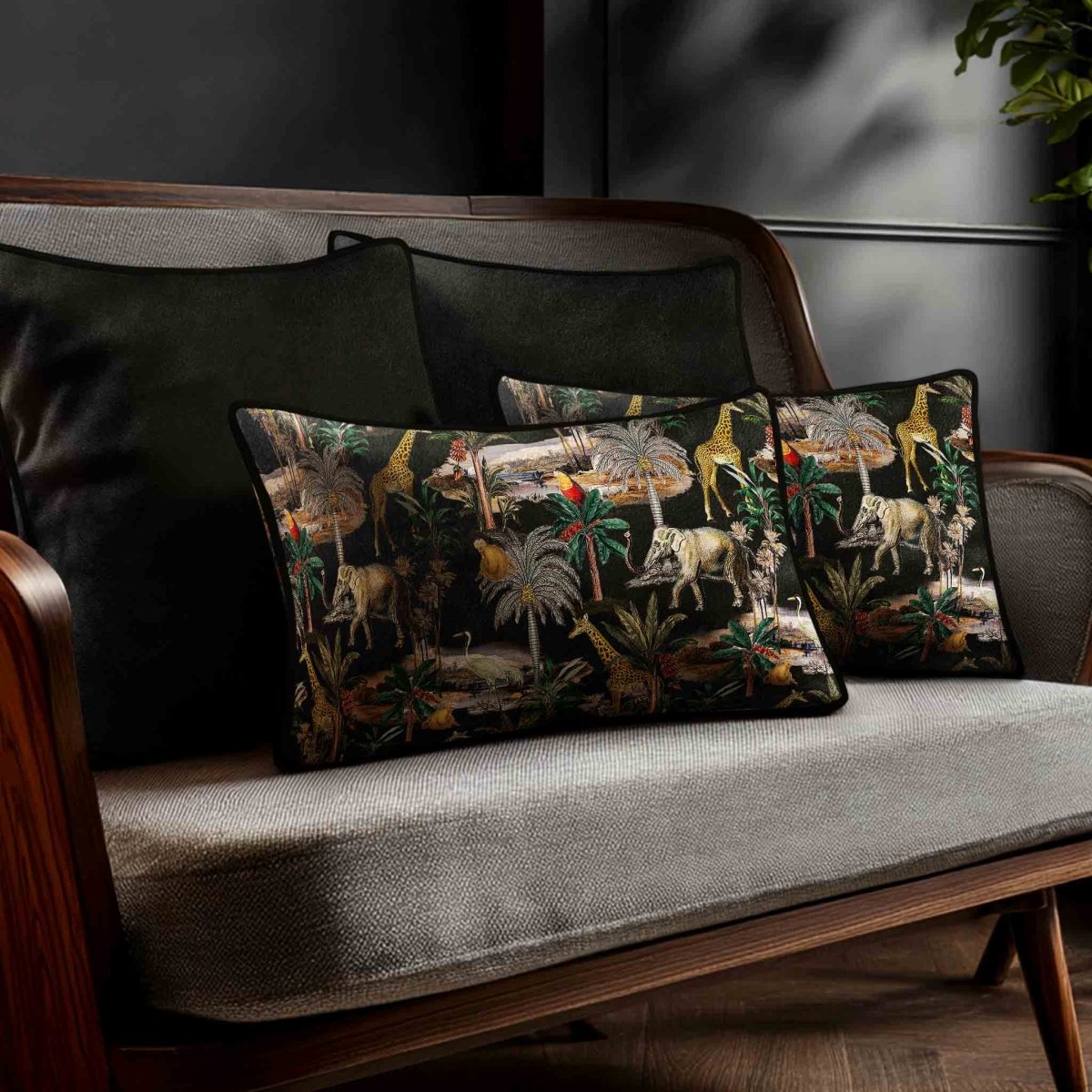 Safari Voyage | Sustainable Velvet Rectangle Cushion - Charcoal 50 x 30 cm Standard by Izabela Peters