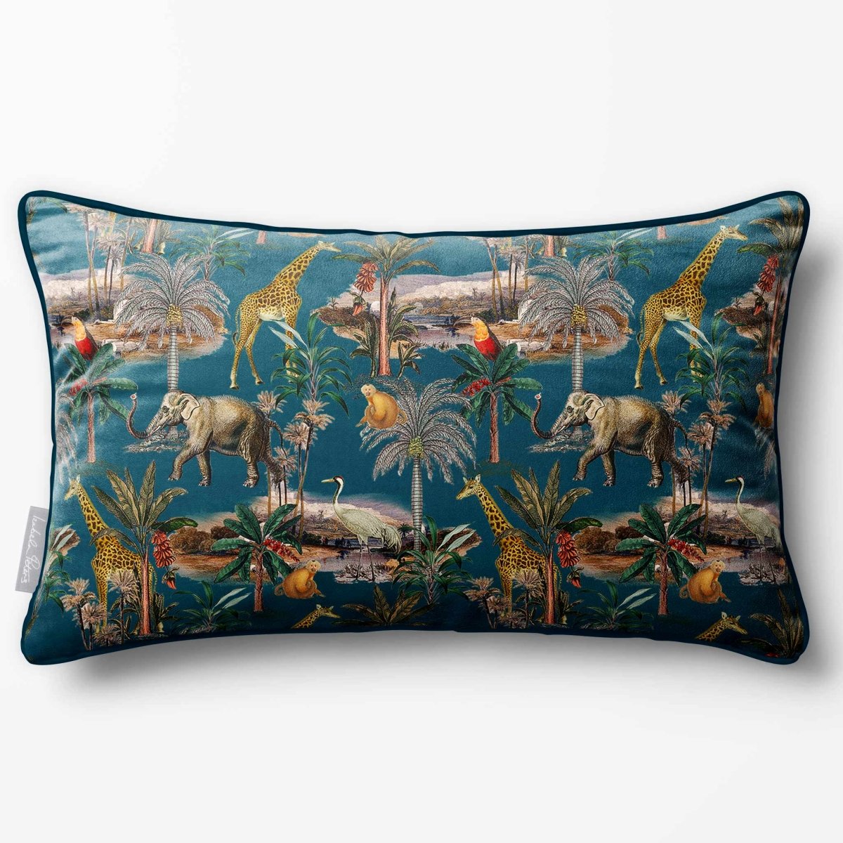 Safari Voyage | Sustainable Velvet Rectangle Cushion - Teal 50 x 30 cm Piped by Izabela Peters