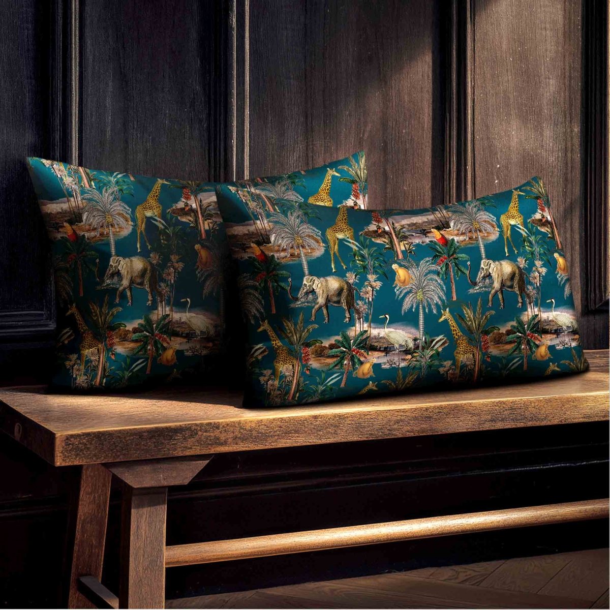 Safari Voyage | Sustainable Velvet Rectangle Cushion - Teal 50 x 30 cm Standard by Izabela Peters
