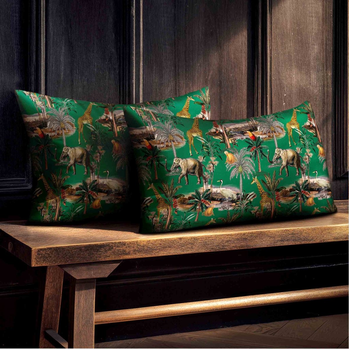 Safari Voyage | Sustainable Velvet Rectangle Cushion - Emerald Green 50 x 30 cm Standard by Izabela Peters