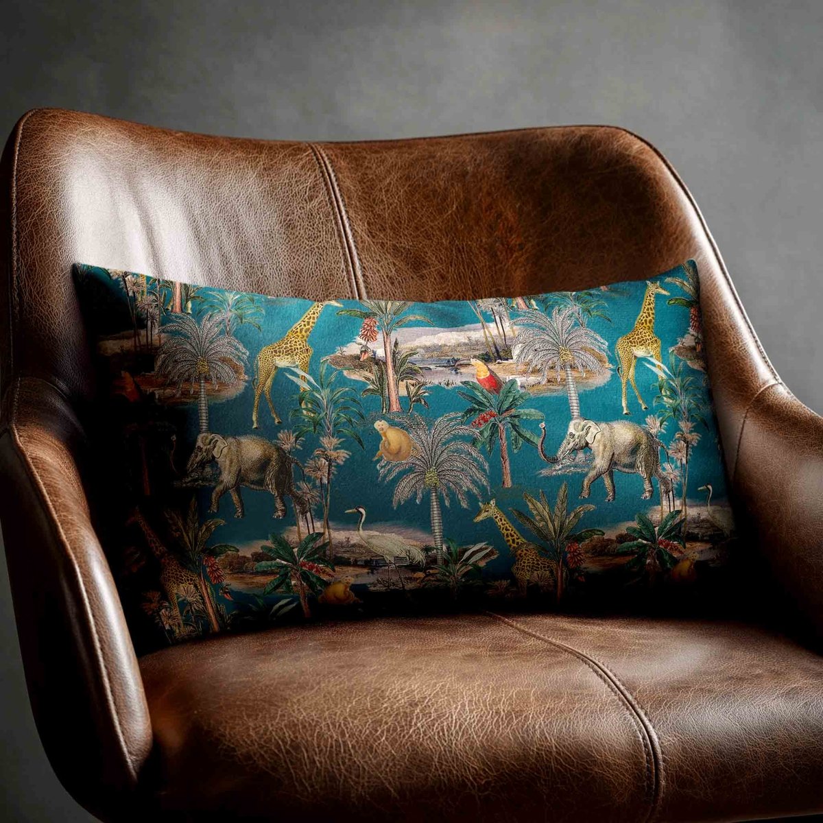Safari Voyage | Sustainable Velvet Rectangle Cushion - Teal 50 x 30 cm Standard by Izabela Peters