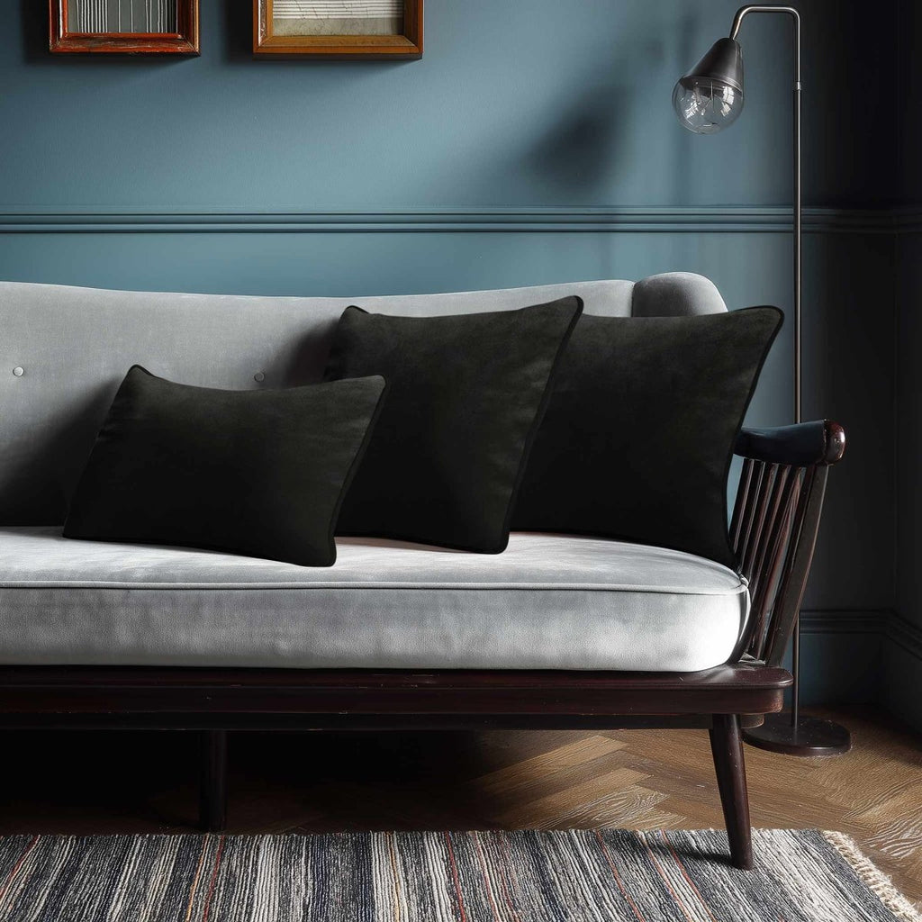 Signature Colours with Piping | Sustainable Velvet Rectangle Cushion - Charcoal 50 x 30 cm by Izabela Peters