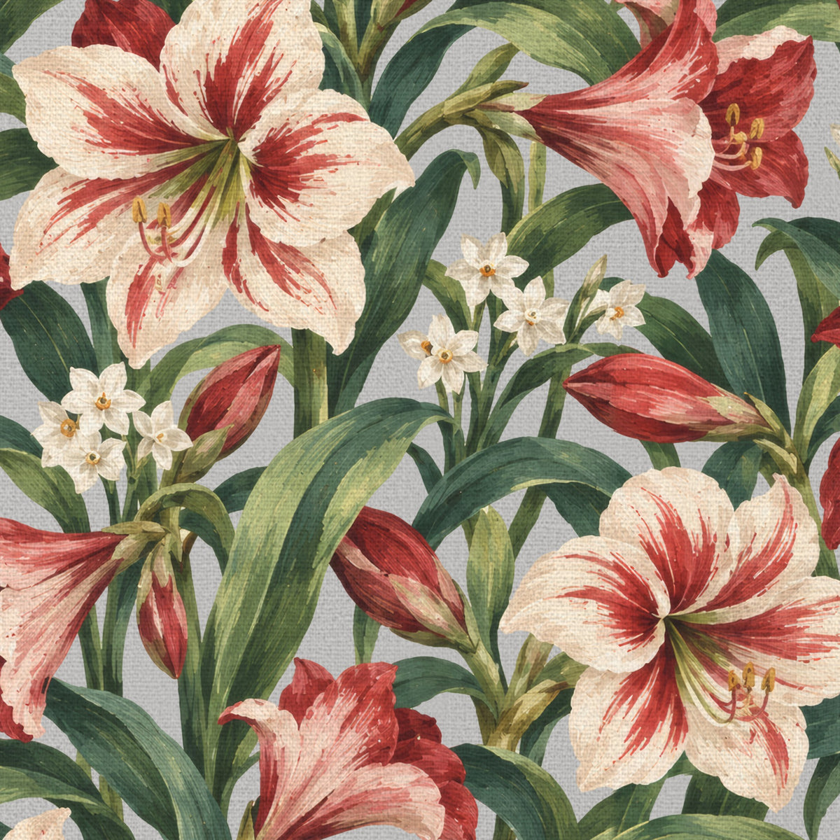 Close-up of the Amaryllis Christmas napkin print in silver grey on cotton, showing amaryllis flowers among long leaves