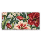 Amaryllis Christmas table runner in silver grey, folded on white, showing amaryllis flowers among long leaves
