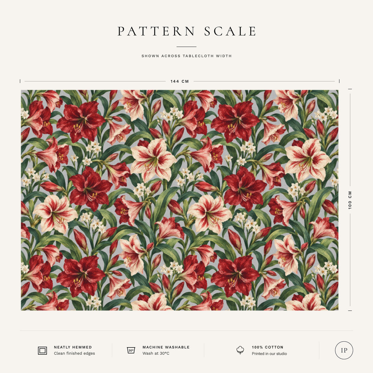 Pattern scale of the Amaryllis Christmas tablecloth in silver grey across its 144 cm width, with care notes