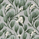 Close-up of the Mistletoe Christmas napkin print in silver grey on cotton, showing sprigs of mistletoe with white berries