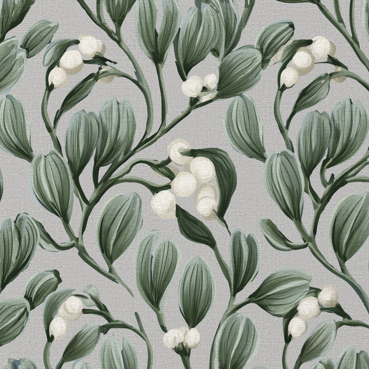 Close-up of the Mistletoe Christmas napkin print in silver grey on cotton, showing sprigs of mistletoe with white berries