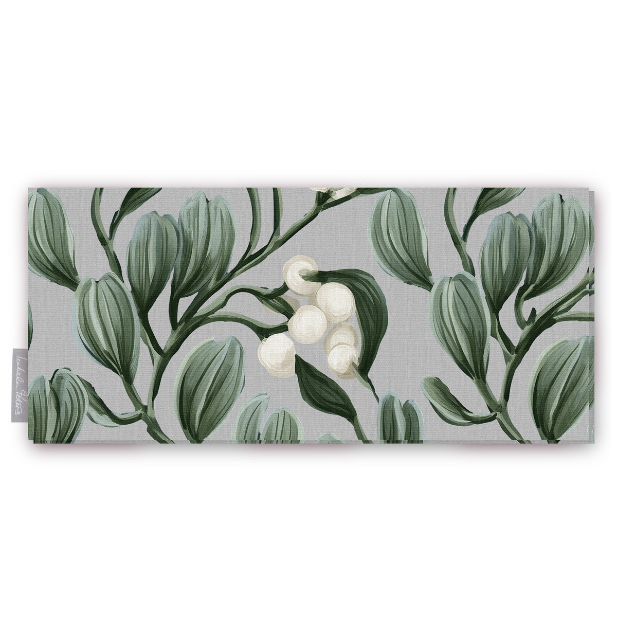 Mistletoe Christmas table runner in silver grey, folded on white, showing sprigs of mistletoe with white berries