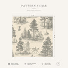 Silver grey on ivory Fir Forest Toile Christmas napkin pattern scale, showing the full 44 cm by 44 cm design.