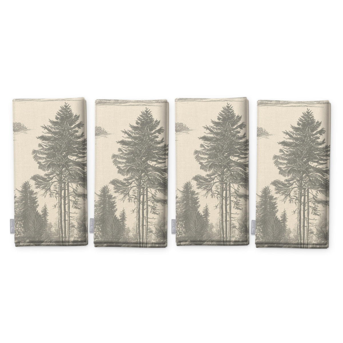 Fir Forest Toile Christmas napkins in silver grey on ivory, set of four folded napkins showing the same tall fir tree