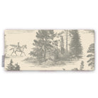 Fir Forest Toile table runner in silver grey on ivory, folded on white, showing a rider on horseback among fir trees