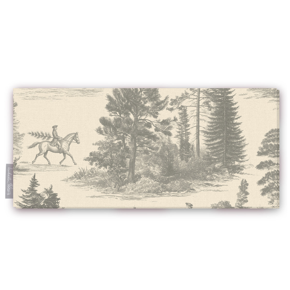 Fir Forest Toile table runner in silver grey on ivory, folded on white, showing a rider on horseback among fir trees