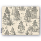 Fir Forest Toile tablecloth in silver grey on ivory, folded on white, showing fir trees, a rider and figures in the forest