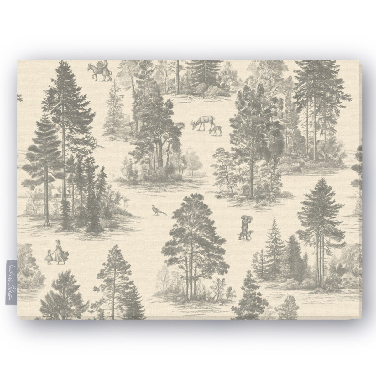 Fir Forest Toile tablecloth in silver grey on ivory, folded on white, showing fir trees, a rider and figures in the forest