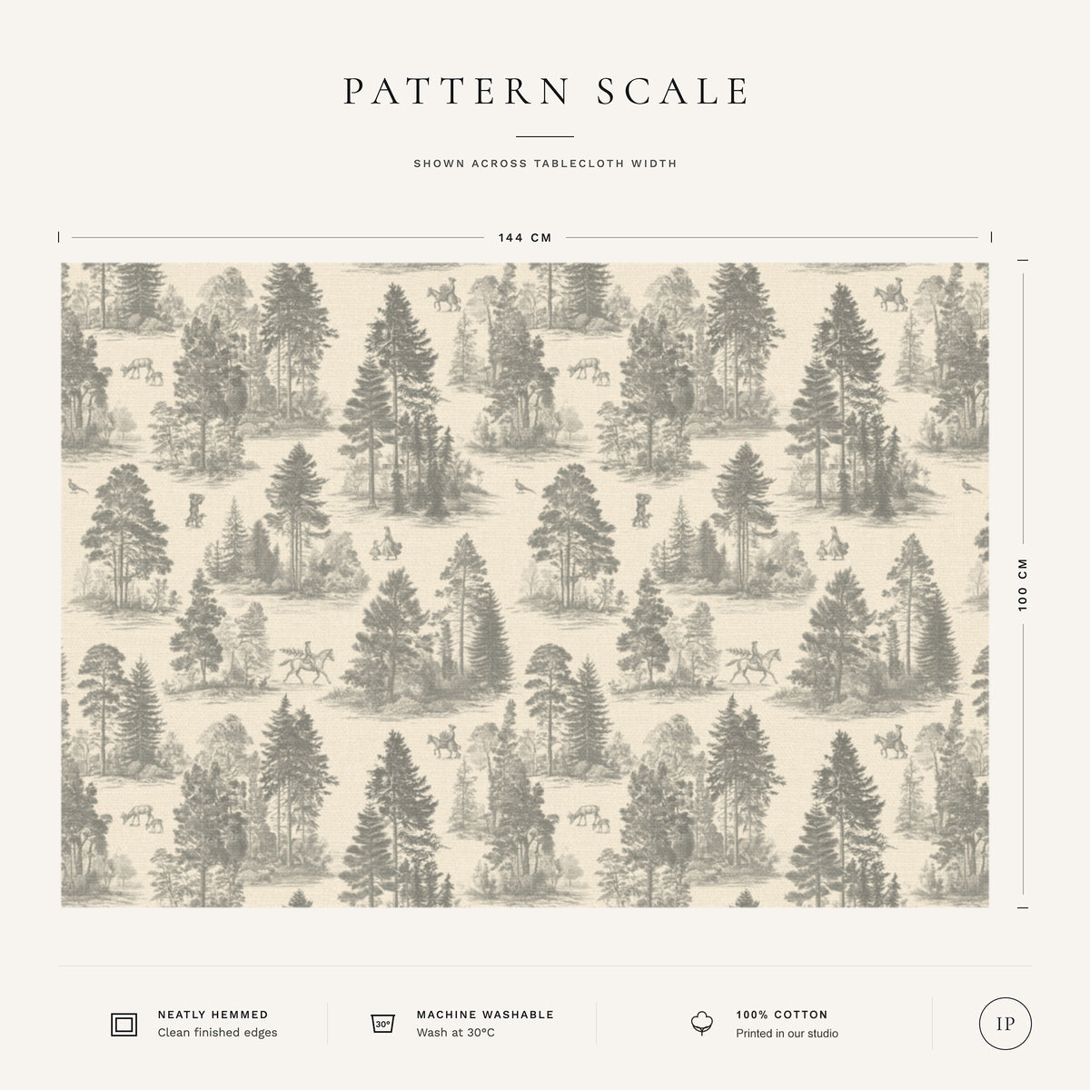Pattern scale of the Fir Forest Toile Christmas tablecloth in silver grey on ivory across its 144 cm width, with care notes