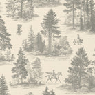 Close-up of the Fir Forest Toile Christmas tablecloth print in silver grey on ivory cotton, showing fir trees and a rider