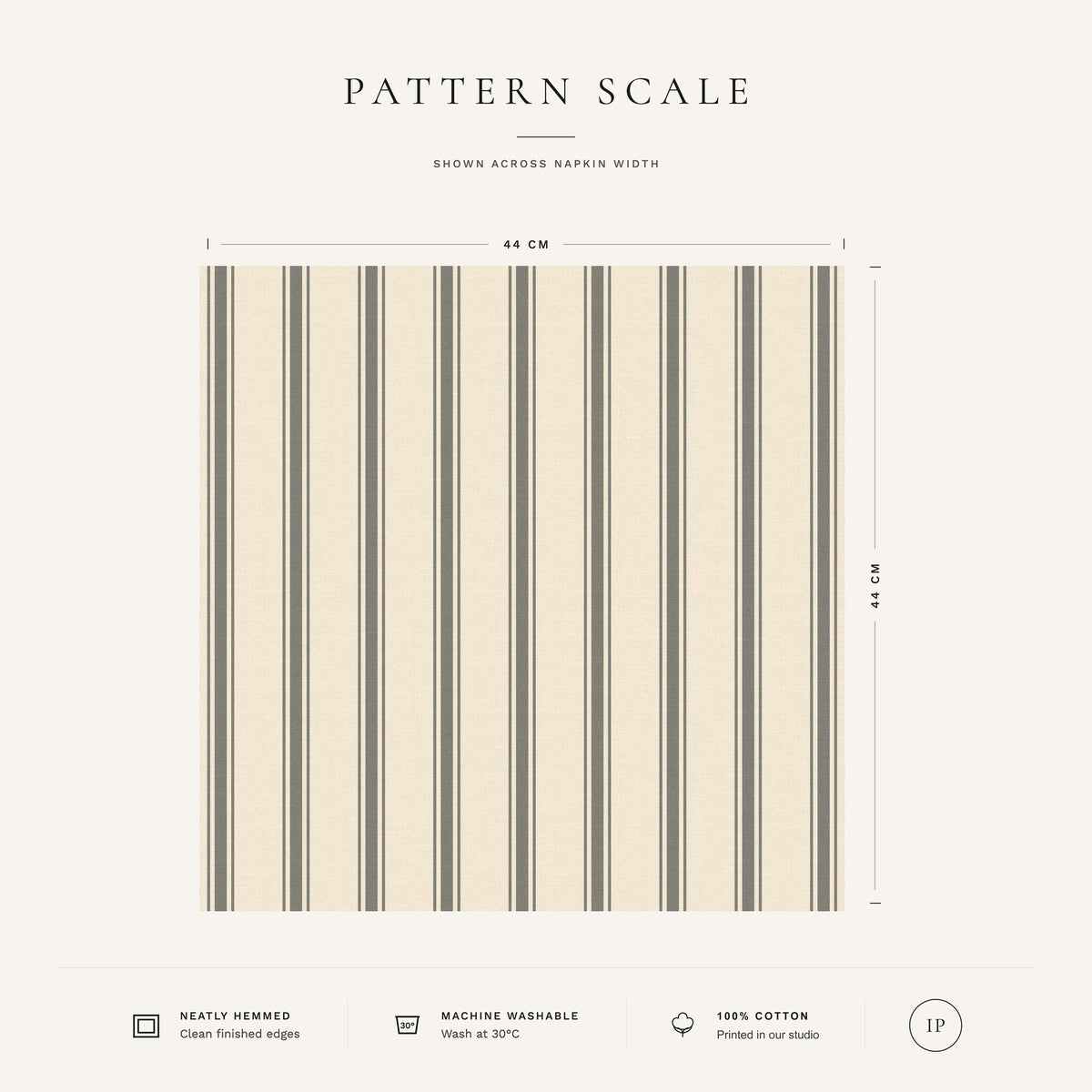 Silver grey on ivory Ticking Stripe Christmas napkin pattern scale, showing the full 44 cm by 44 cm design.