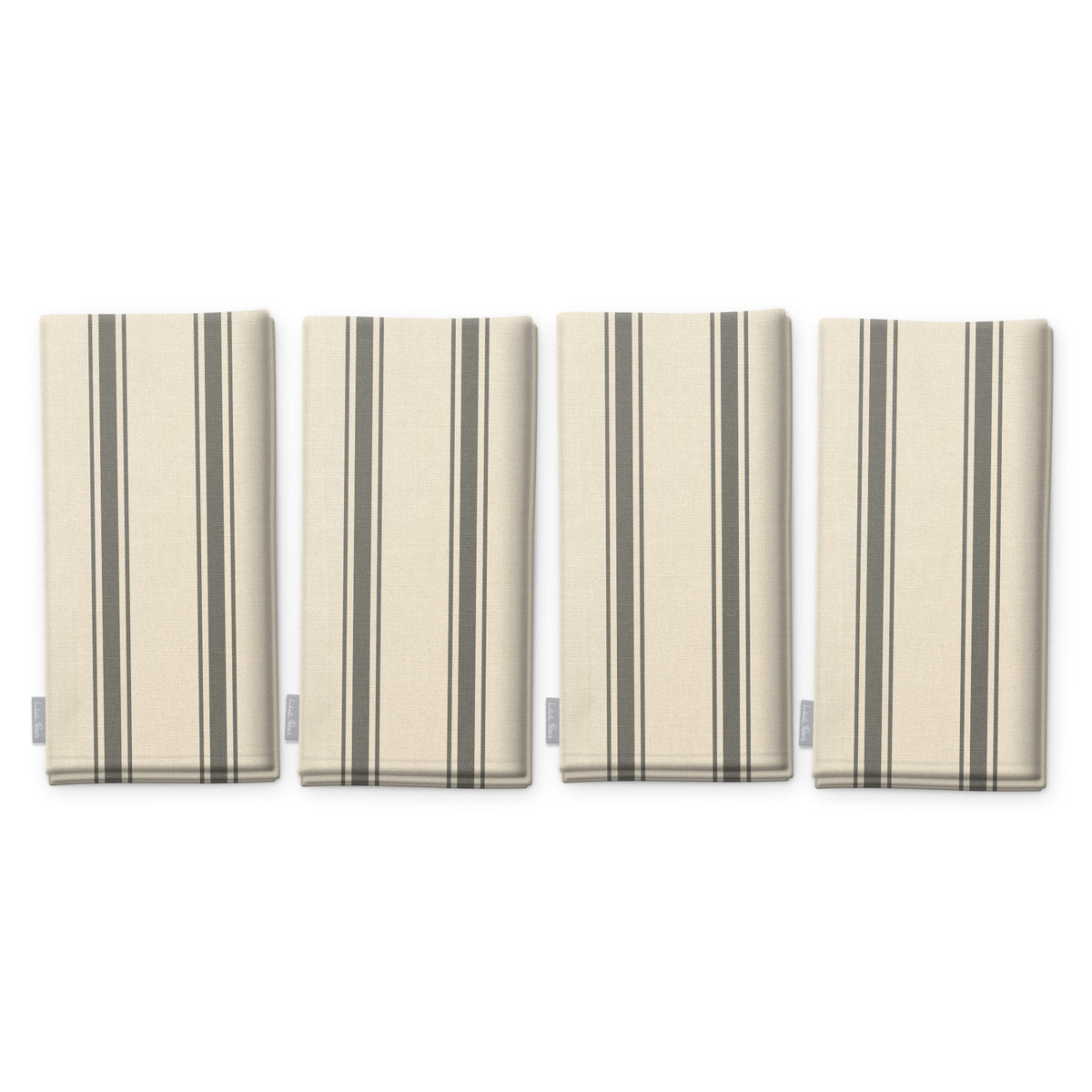 Ticking Stripe Christmas napkins in silver grey on ivory, set of four, folded on white, showing the same fine ticking stripes
