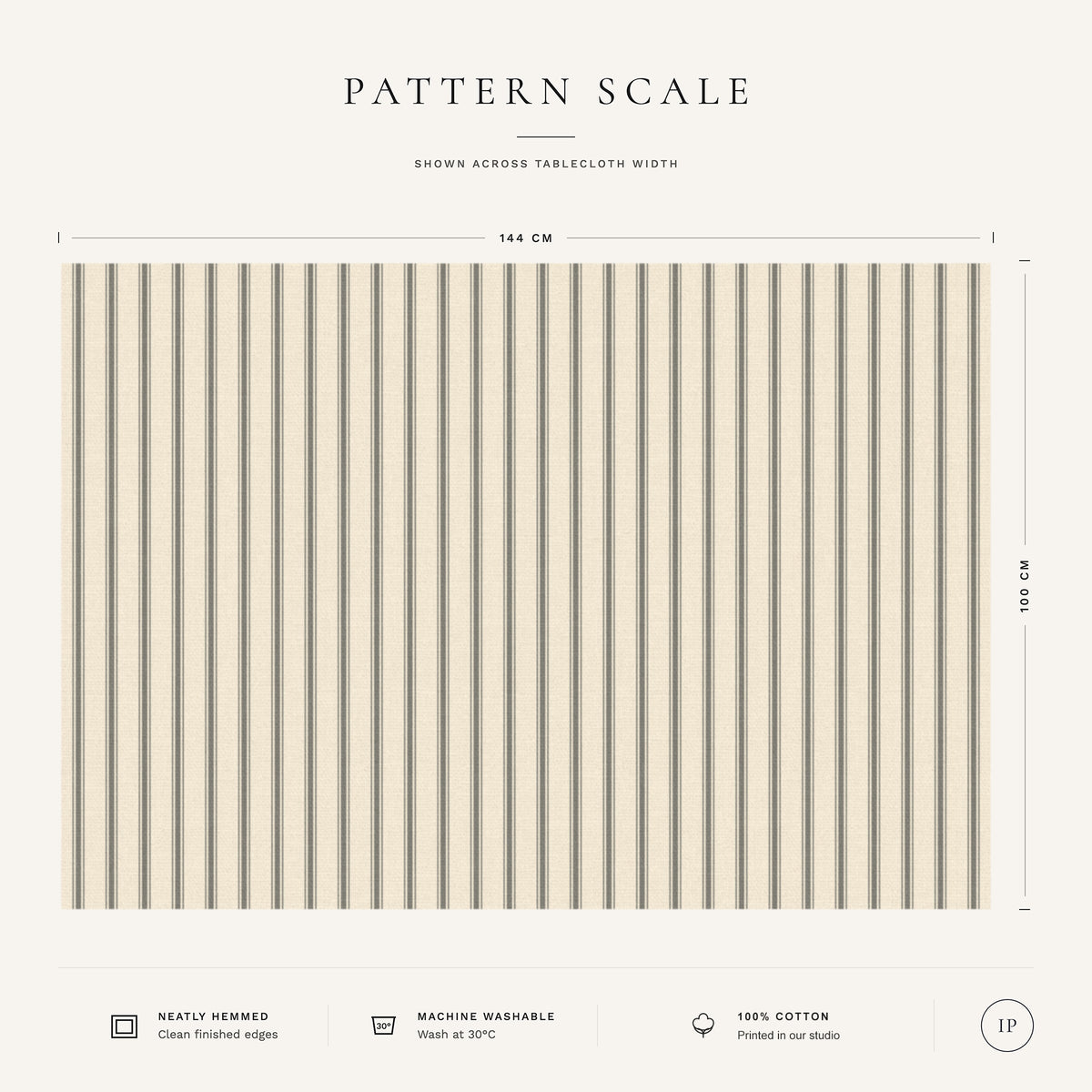 Pattern scale of the Ticking Stripe Christmas tablecloth in silver grey on ivory across its 144 cm width, with care notes