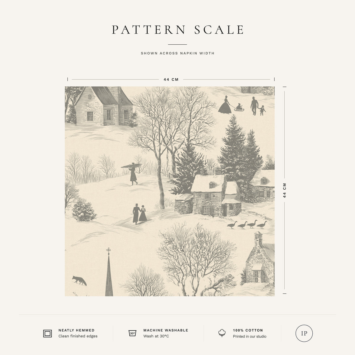 Silver grey on ivory Village Toile Christmas napkin pattern scale, showing the full 44 cm by 44 cm design.