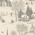 Close-up of the Village Toile Christmas napkin print in silver grey on ivory cotton, showing a snowy village