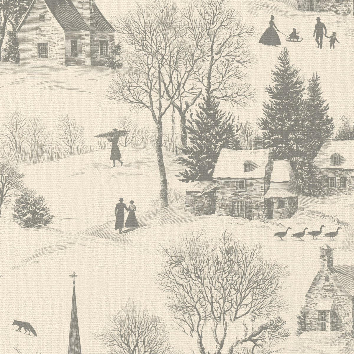 Close-up of the Village Toile Christmas napkin print in silver grey on ivory cotton, showing a snowy village