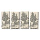 Village Toile napkins in silver grey on ivory, set of four, folded on white, showing the same fir tree and snowy cottage