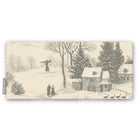 Village Toile Christmas table runner in silver grey on ivory, folded on white, showing villagers and cottages in the snow