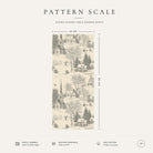 Pattern scale of the Village Toile Christmas table runner in silver grey on ivory across its 44 cm width, with care notes
