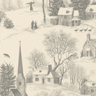 Close-up of the Village Toile Christmas table runner print in silver grey on ivory cotton, showing a snowy village