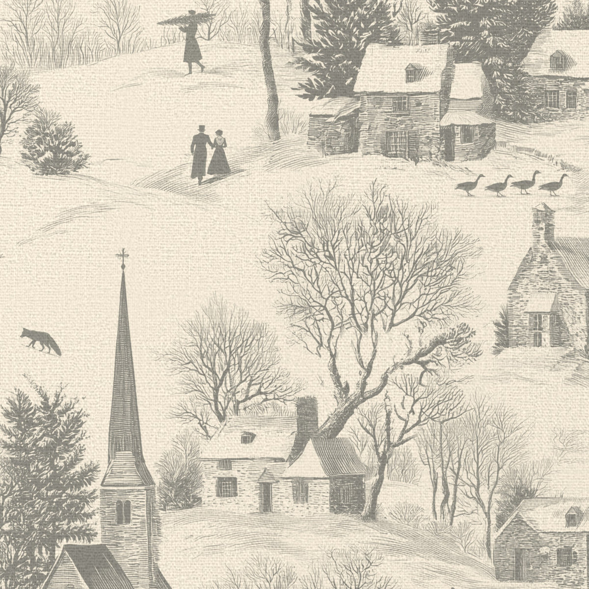 Close-up of the Village Toile Christmas table runner print in silver grey on ivory cotton, showing a snowy village