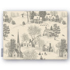 Village Toile tablecloth in silver grey on ivory, folded on white, showing a snowy village with a church and cottages