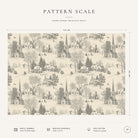 Pattern scale of the Village Toile Christmas tablecloth in silver grey on ivory across its 144 cm width, with care notes