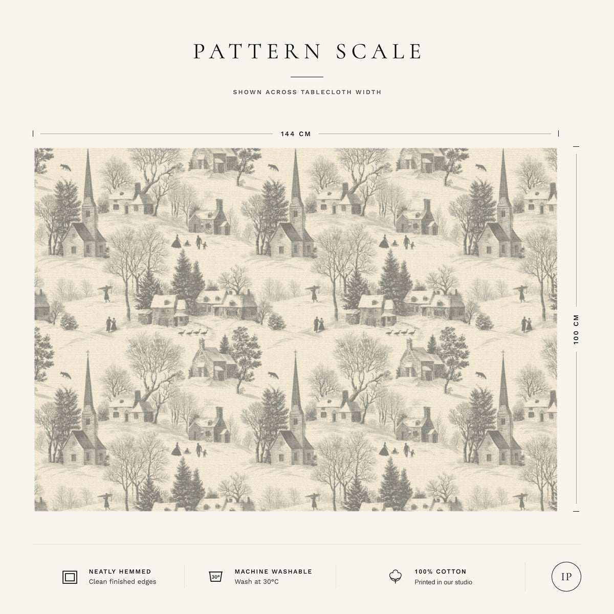 Pattern scale of the Village Toile Christmas tablecloth in silver grey on ivory across its 144 cm width, with care notes