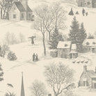 Close-up of the Village Toile Christmas tablecloth print in silver grey on ivory cotton, showing a snowy village