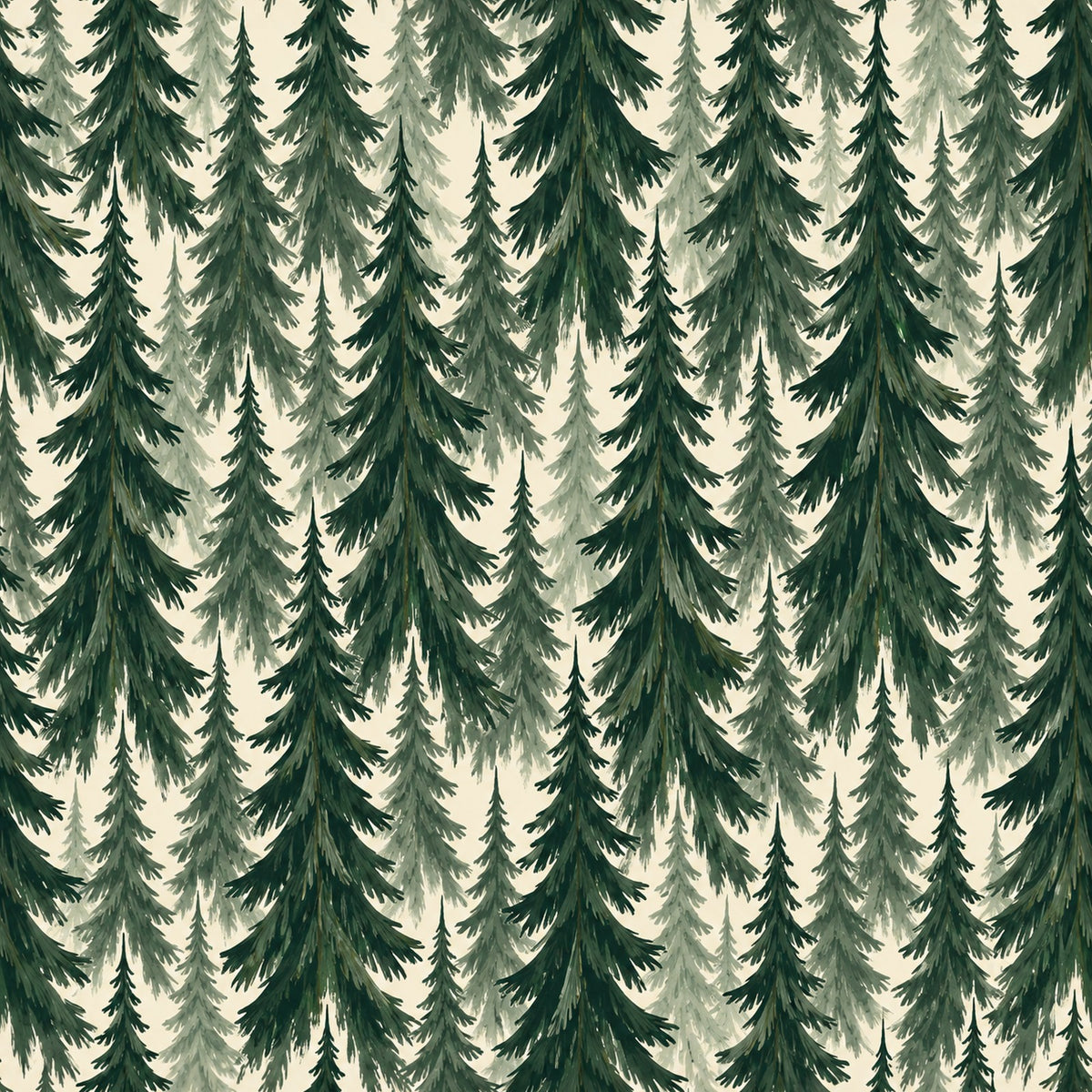 Spruce Stand Christmas print: tall spruce trees in deep green on ivory