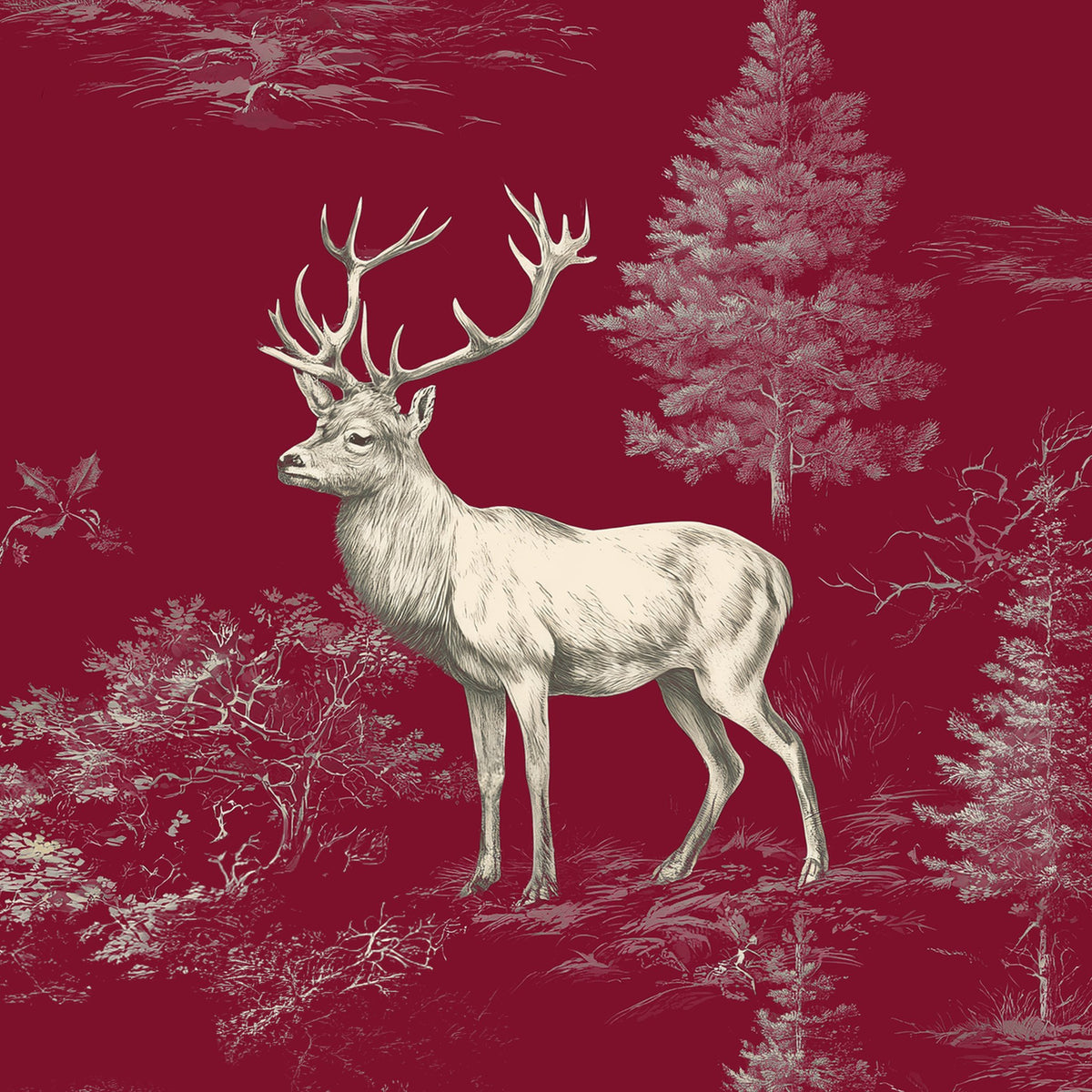 Stag Woodland Christmas napkin print in burgundy