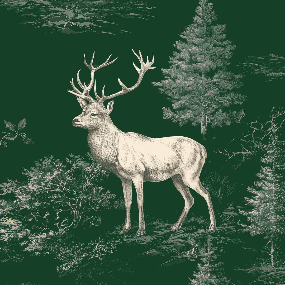 Stag Woodland Christmas napkin print in green
