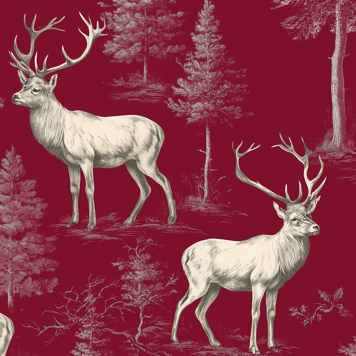 Stag Woodland Christmas tablecloth print in burgundy
