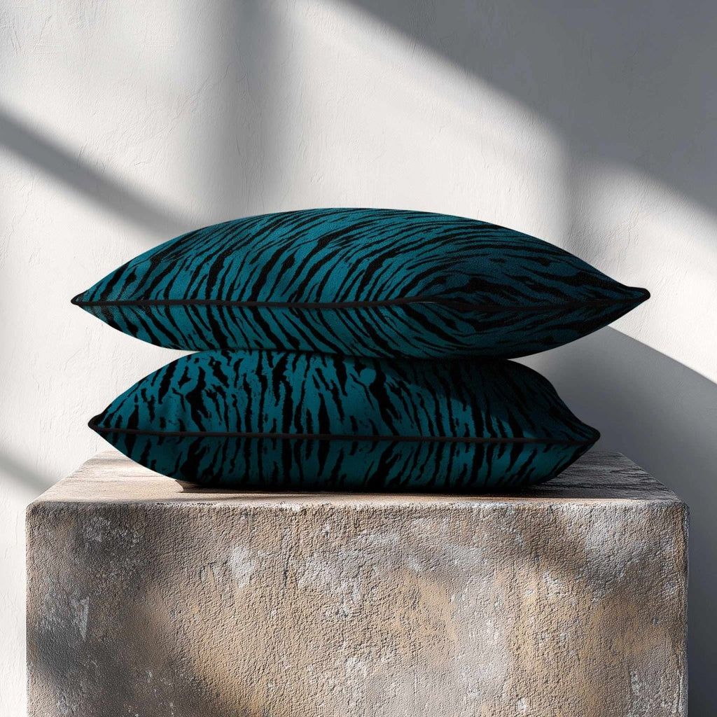 Tiger Print | Sustainable Velvet Rectangle Cushion - Teal 50 x 30 cm Piped by Izabela Peters