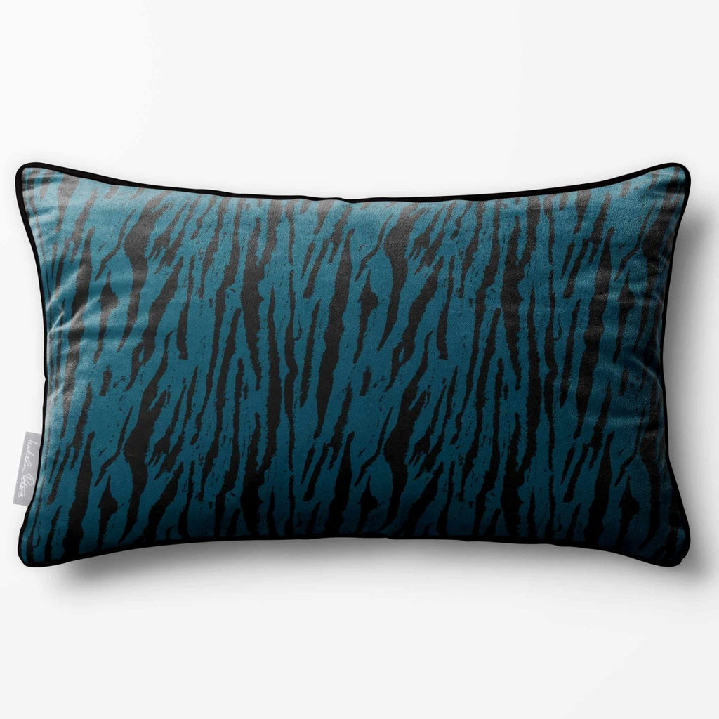 Tiger Print | Sustainable Velvet Rectangle Cushion - Teal 50 x 30 cm Piped by Izabela Peters