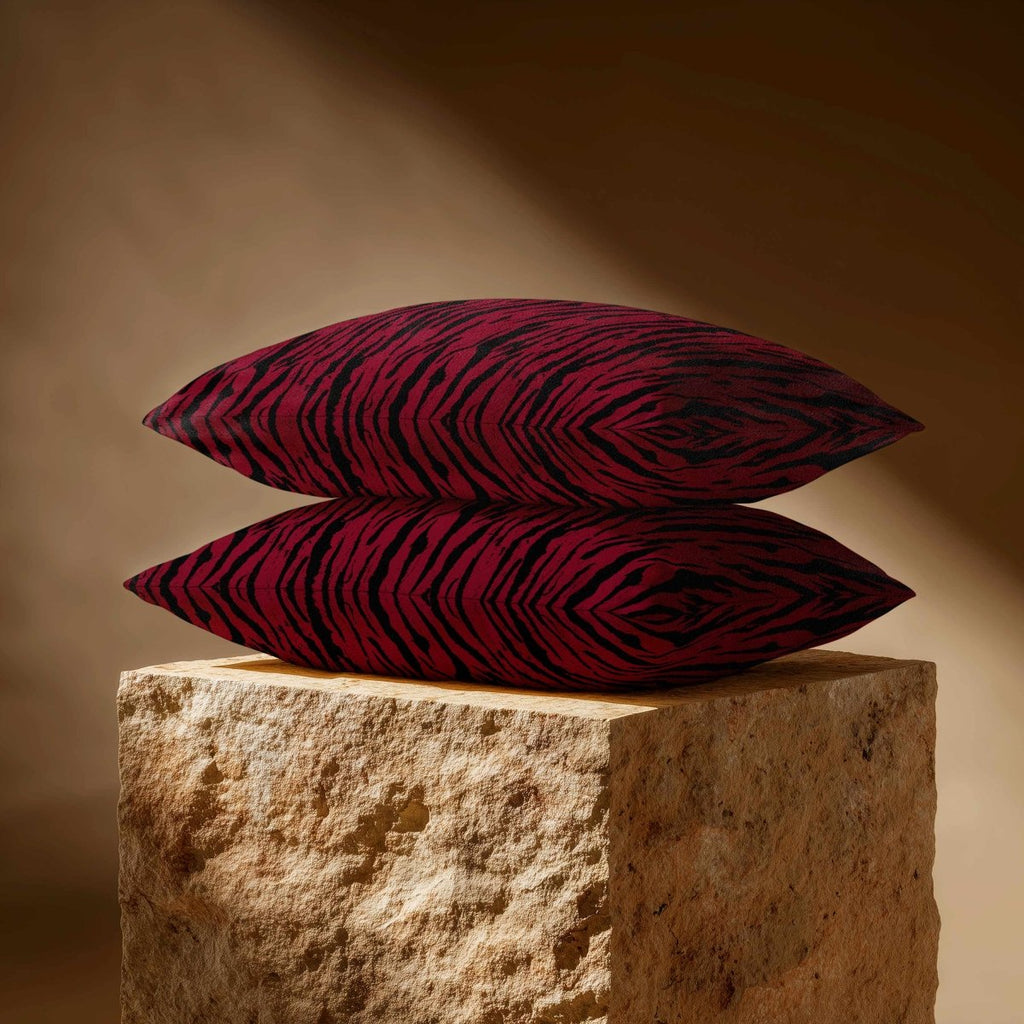 Tiger Print | Sustainable Velvet Rectangle Cushion - Raspberry Red 50 x 30 cm Standard by Izabela Peters